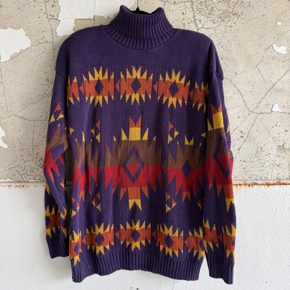 Vintage Turtleneck Sweater Southwestern Geometric Cotton Knit 90s Babette S